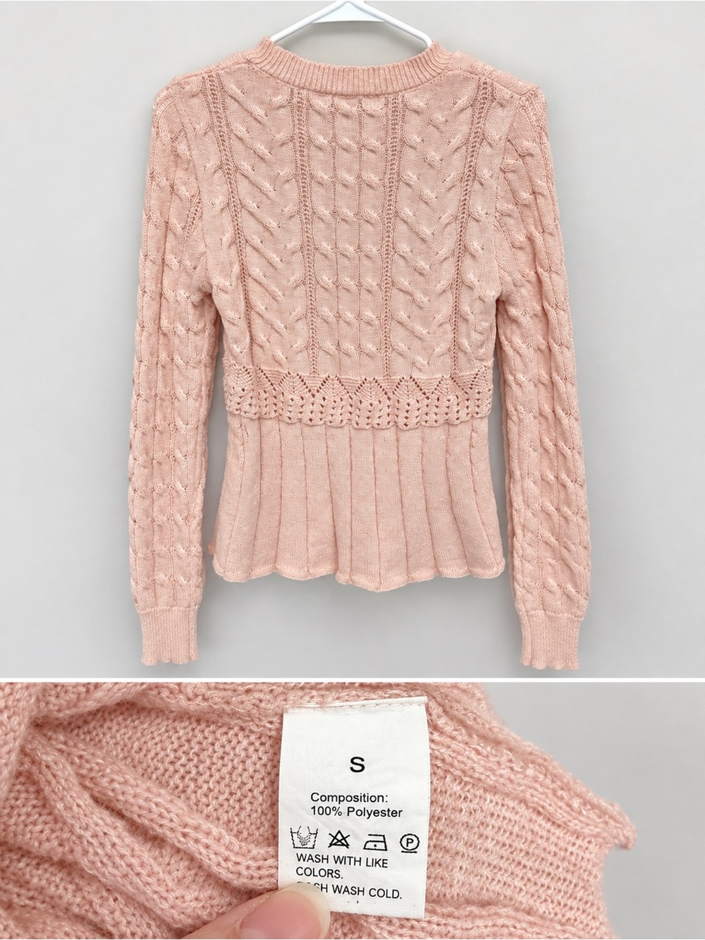 Blush Pink Cable Knit Sweater – Size S – Long Sleeve